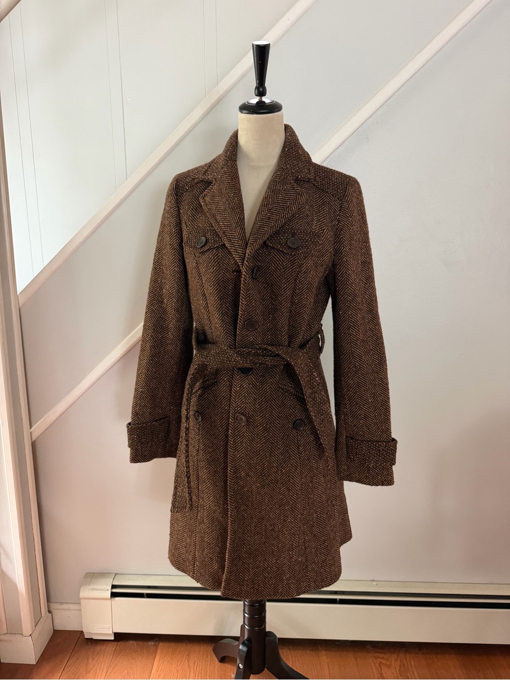 Ann Taylor LOFT Brown Herringbone Wool Blend Belted Trench Coat Women’s 4